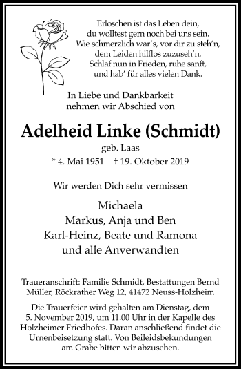 Traueranzeige von Adelheid Linke von Rheinische Post