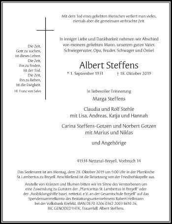 Traueranzeige von Albert Steffens von Rheinische Post