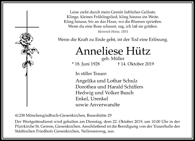  Traueranzeige für Anneliese Hütz vom 19.10.2019 aus Rheinische Post