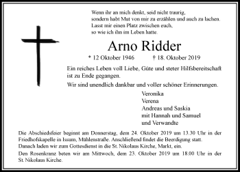 Traueranzeige von Arno Ridder von Rheinische Post