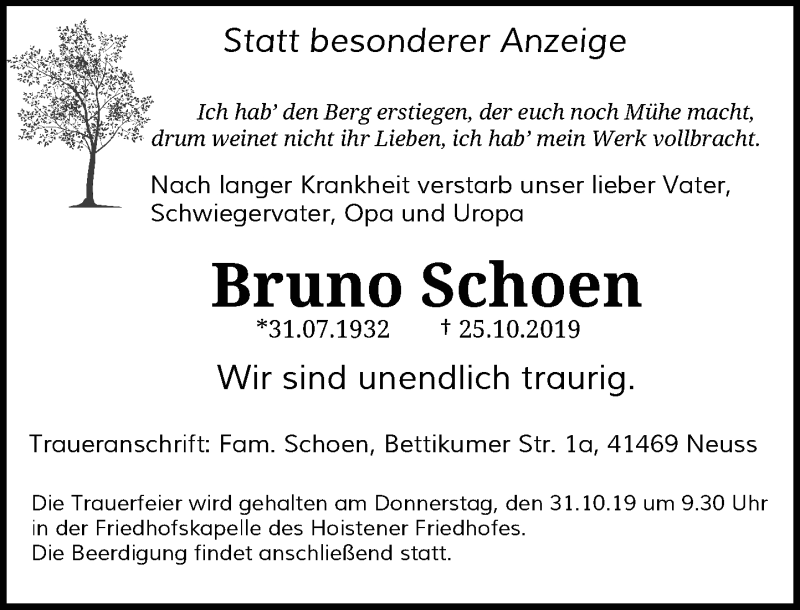 Alle Traueranzeigen Fur Bruno Schoen Trauer Rp Online De