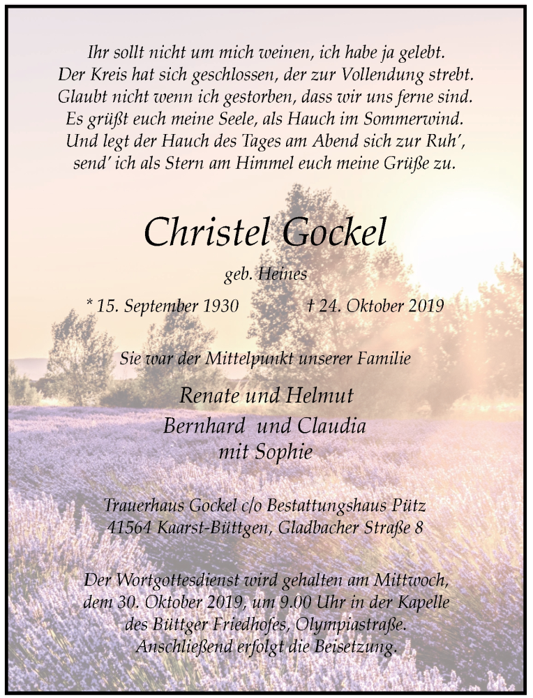  Traueranzeige für Christel Gockel vom 26.10.2019 aus Rheinische Post