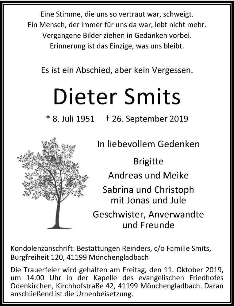  Traueranzeige für Dieter Smits vom 05.10.2019 aus Rheinische Post
