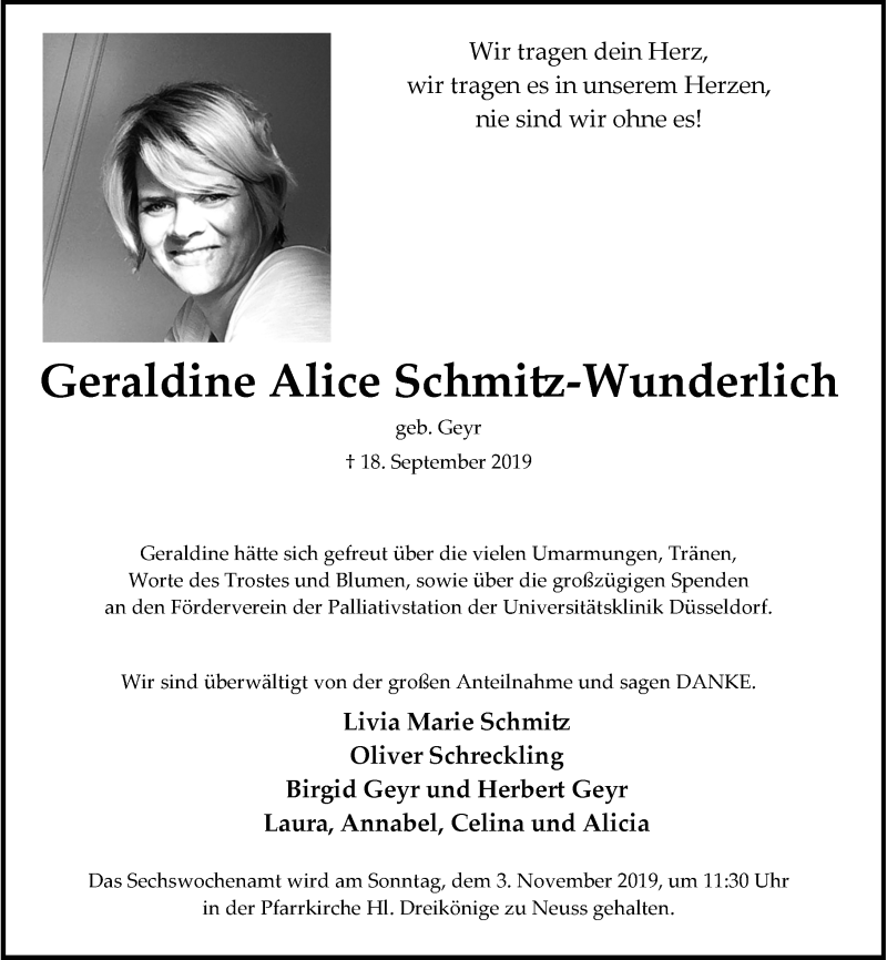 Traueranzeige für Geraldine Alice Schmitz-Wunderlich vom 26.10.2019 aus Rheinische Post