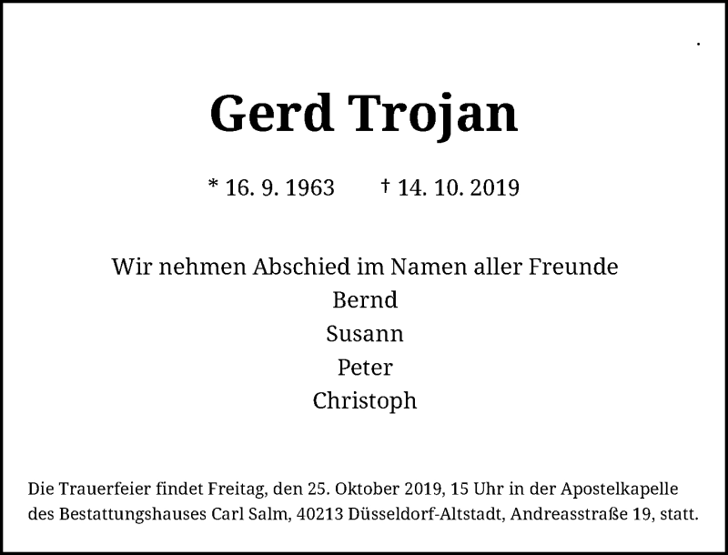  Traueranzeige für Gerd Trojan vom 22.10.2019 aus Rheinische Post