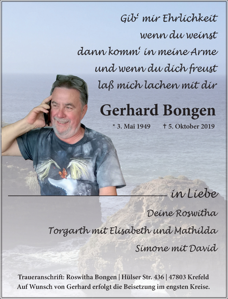  Traueranzeige für Gerhard Bongen vom 12.10.2019 aus Rheinische Post