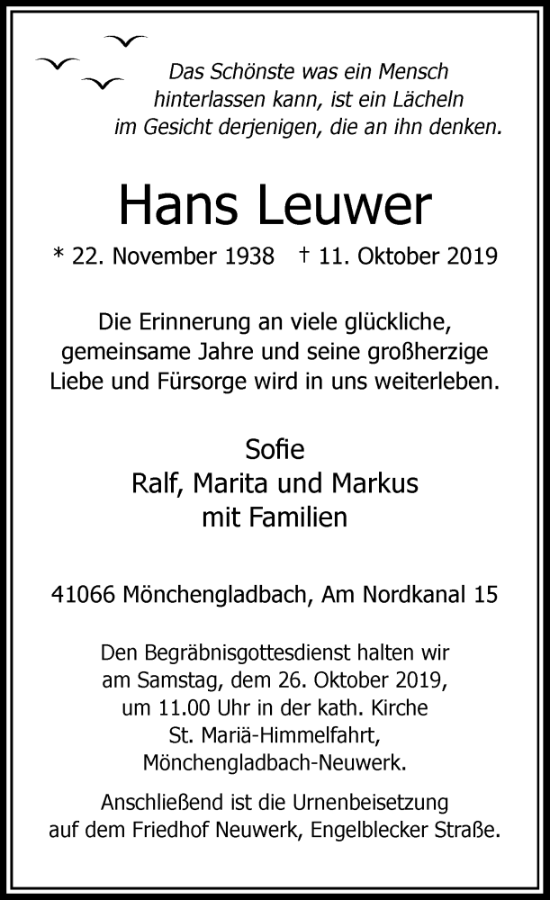  Traueranzeige für Hans Leuwer vom 19.10.2019 aus Rheinische Post