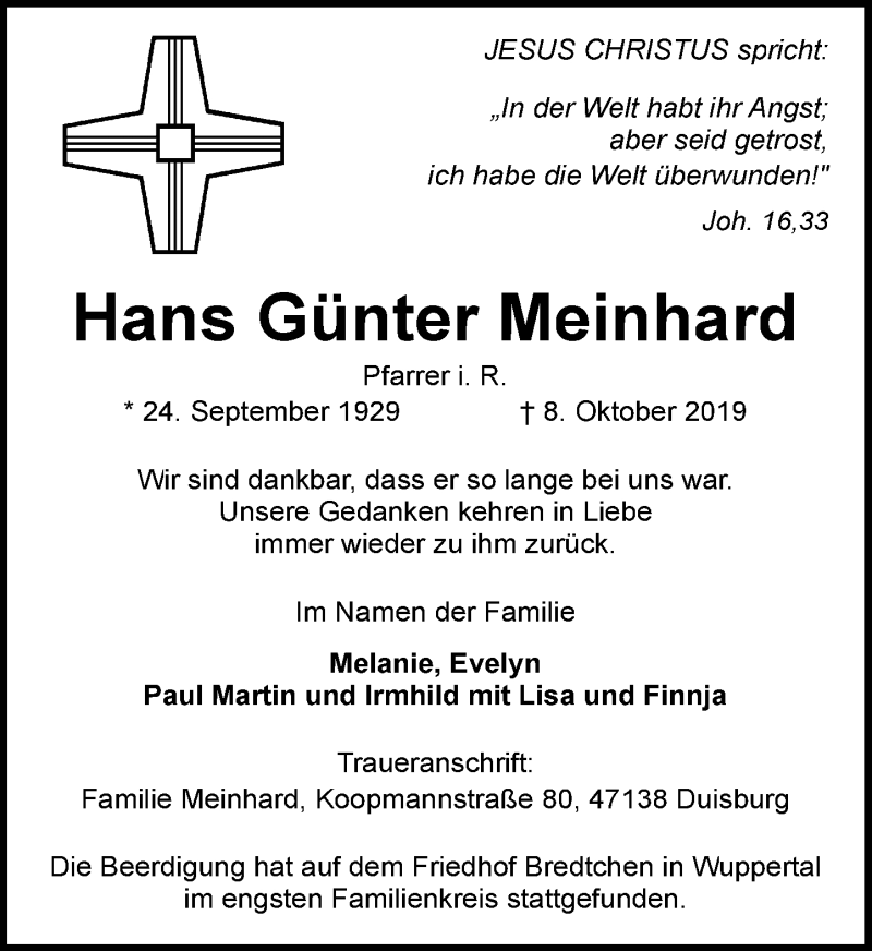  Traueranzeige für Hans Günter Meinhard vom 26.10.2019 aus Rheinische Post