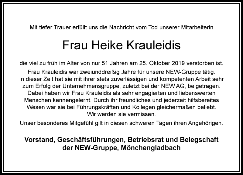  Traueranzeige für Heike Krauleidis vom 30.10.2019 aus Rheinische Post