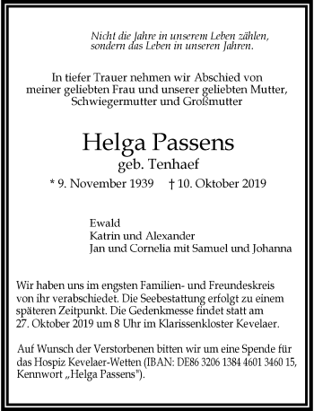 Traueranzeige von Helga Passens von Rheinische Post