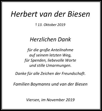 Traueranzeige von Herbert van der Biesen von Rheinische Post