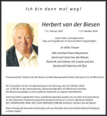 Traueranzeige von Herbert van der Biesen von Rheinische Post