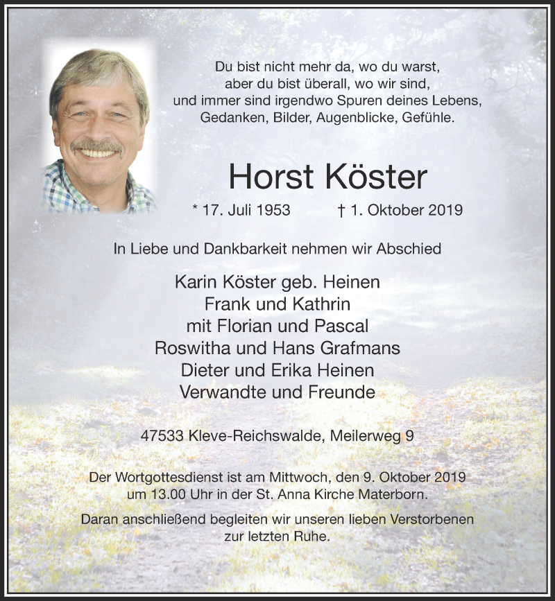  Traueranzeige für Horst Köster vom 05.10.2019 aus Rheinische Post