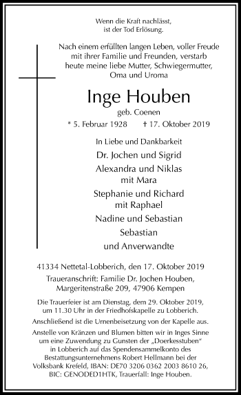 Traueranzeige von Inge Houben von Rheinische Post