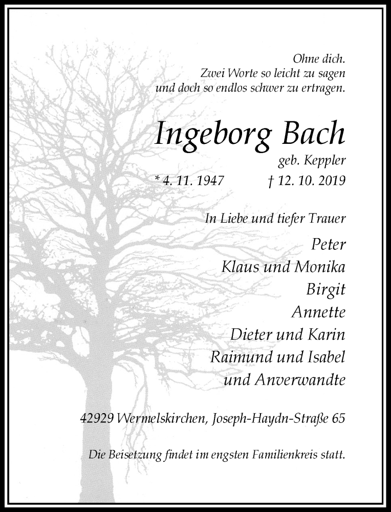  Traueranzeige für Ingeborg Bach vom 19.10.2019 aus Rheinische Post