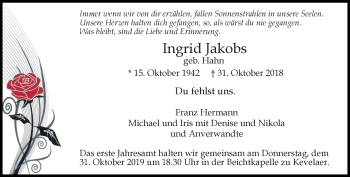 Traueranzeige von Ingrid Jakobs von Rheinische Post
