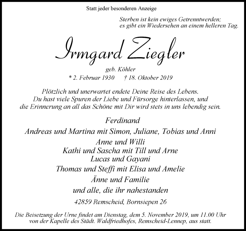  Traueranzeige für Irmgard Ziegler vom 02.11.2019 aus Rheinische Post