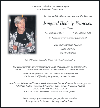 Traueranzeige von Irmgard Hedwig Vrancken von Rheinische Post