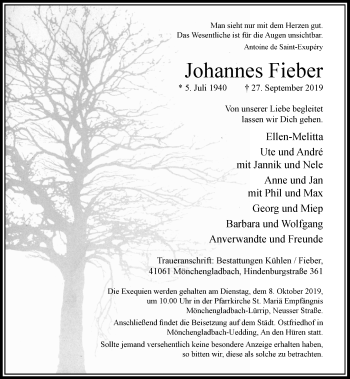 Traueranzeige von Johannes Fieber von Rheinische Post
