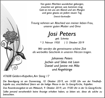 Traueranzeige von Josi Peters von Rheinische Post