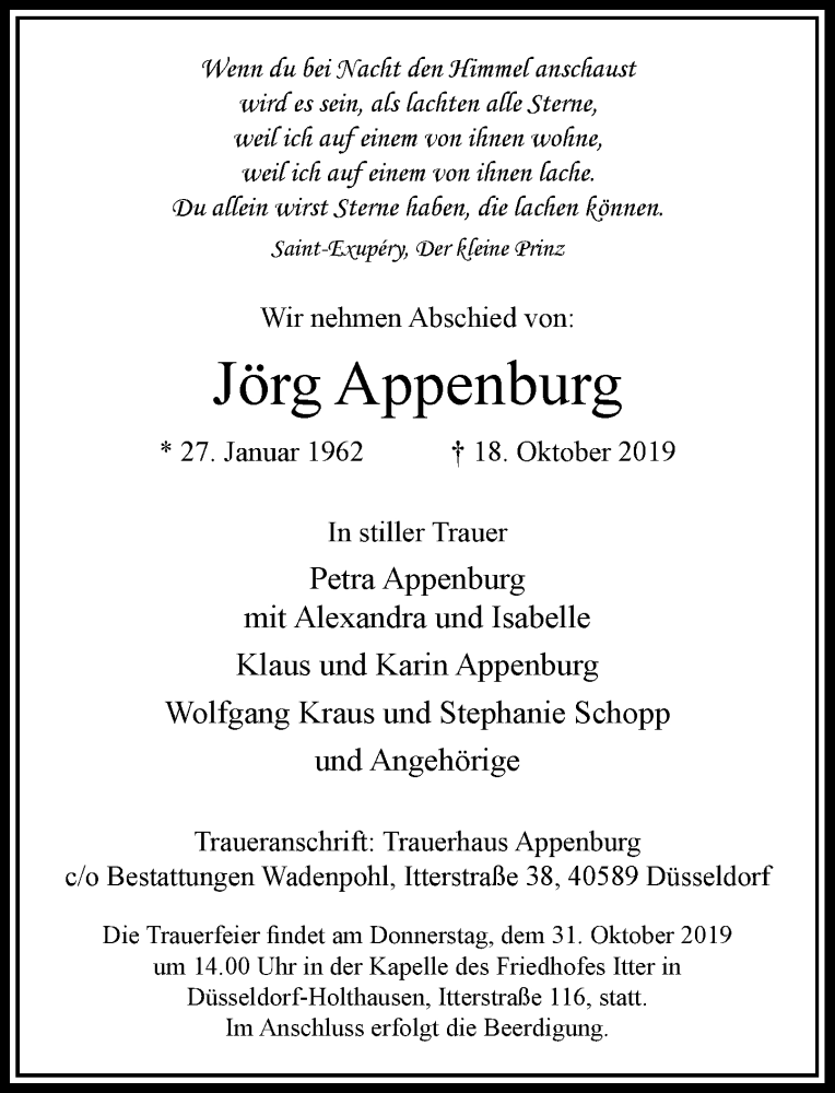  Traueranzeige für Jörg Appenburg vom 26.10.2019 aus Rheinische Post