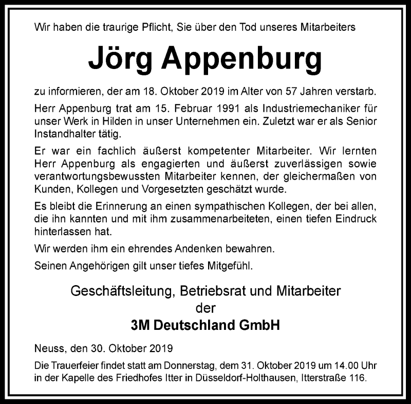  Traueranzeige für Jörg Appenburg vom 30.10.2019 aus Rheinische Post