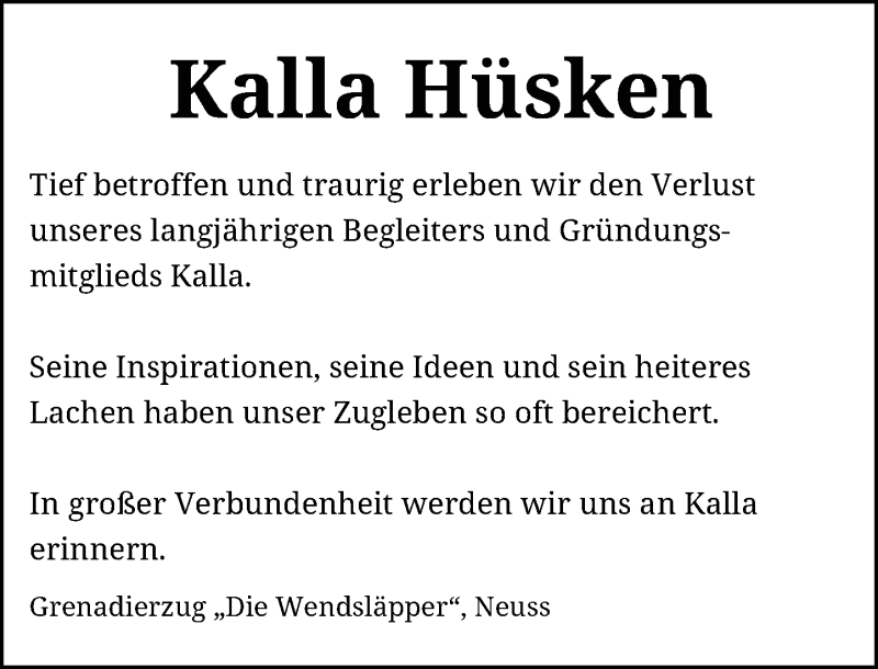  Traueranzeige für Kalla Hüsken vom 12.10.2019 aus Rheinische Post