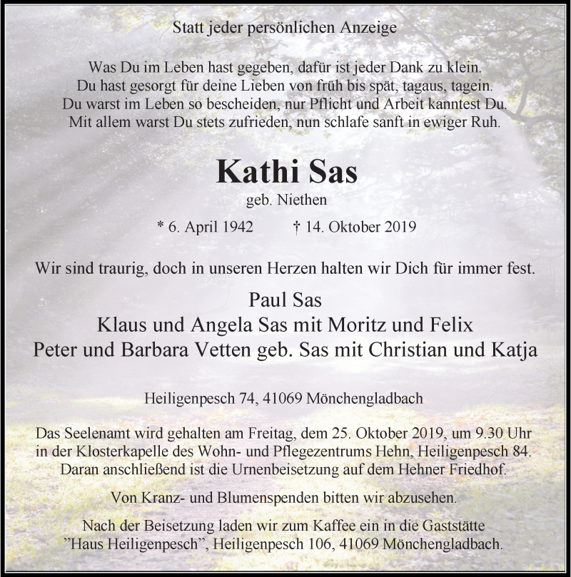  Traueranzeige für Kathi Sas vom 19.10.2019 aus Rheinische Post
