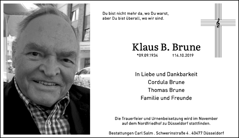  Traueranzeige für Klaus B. Brune vom 19.10.2019 aus Rheinische Post