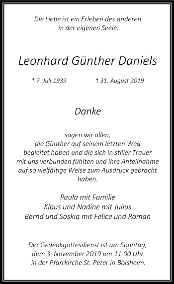 Traueranzeige von Leonhard Günther Daniels von Rheinische Post