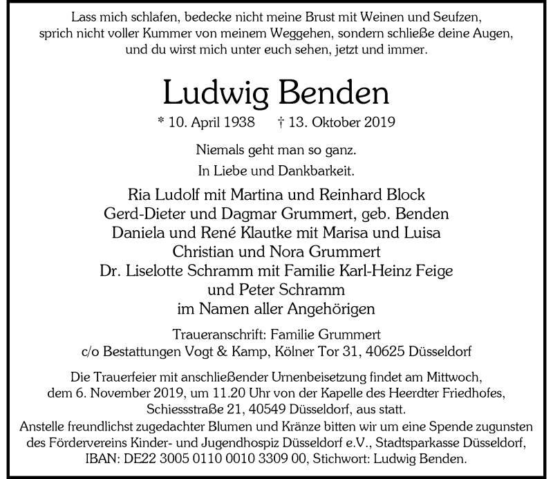  Traueranzeige für Ludwig Benden vom 26.10.2019 aus Rheinische Post