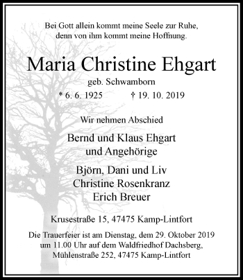 Traueranzeige von Maria Christine Ehgart von Rheinische Post
