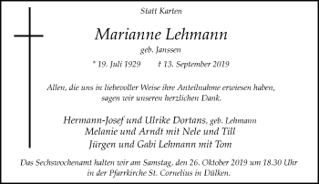 Traueranzeige von Marianne Lehmann von Rheinische Post