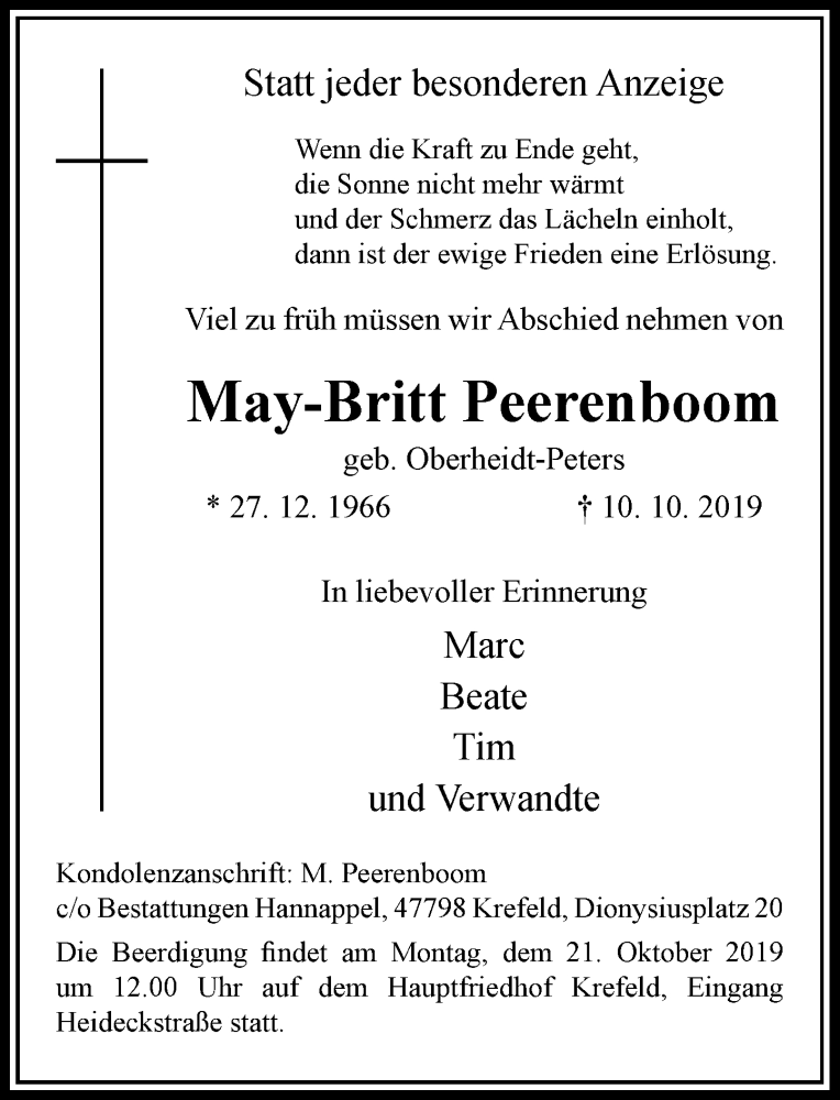  Traueranzeige für May-Britt Peerenboom vom 16.10.2019 aus Rheinische Post