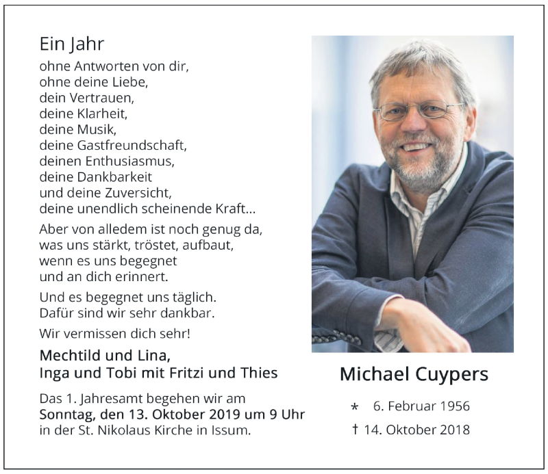  Traueranzeige für Michael Cuypers vom 02.10.2019 aus Rheinische Post