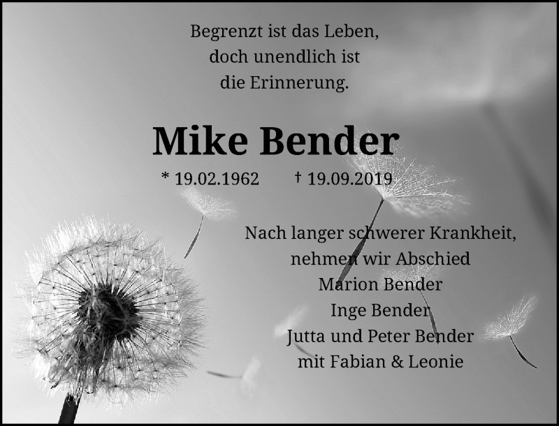  Traueranzeige für Mike Bender vom 05.10.2019 aus Rheinische Post