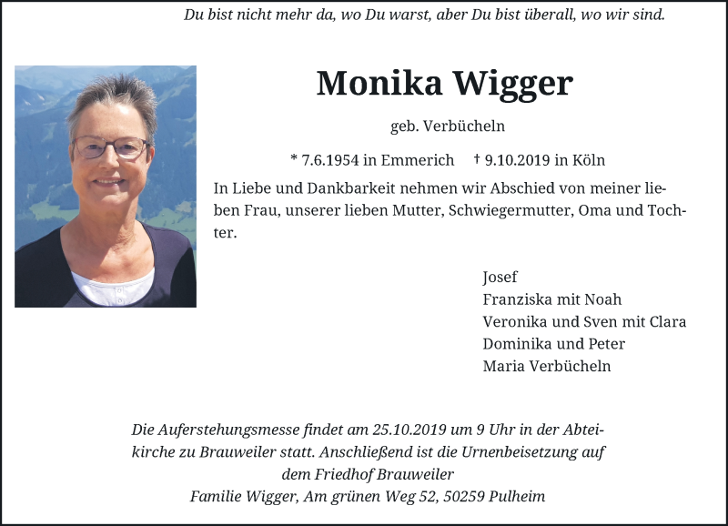  Traueranzeige für Monika Wigger vom 19.10.2019 aus Rheinische Post