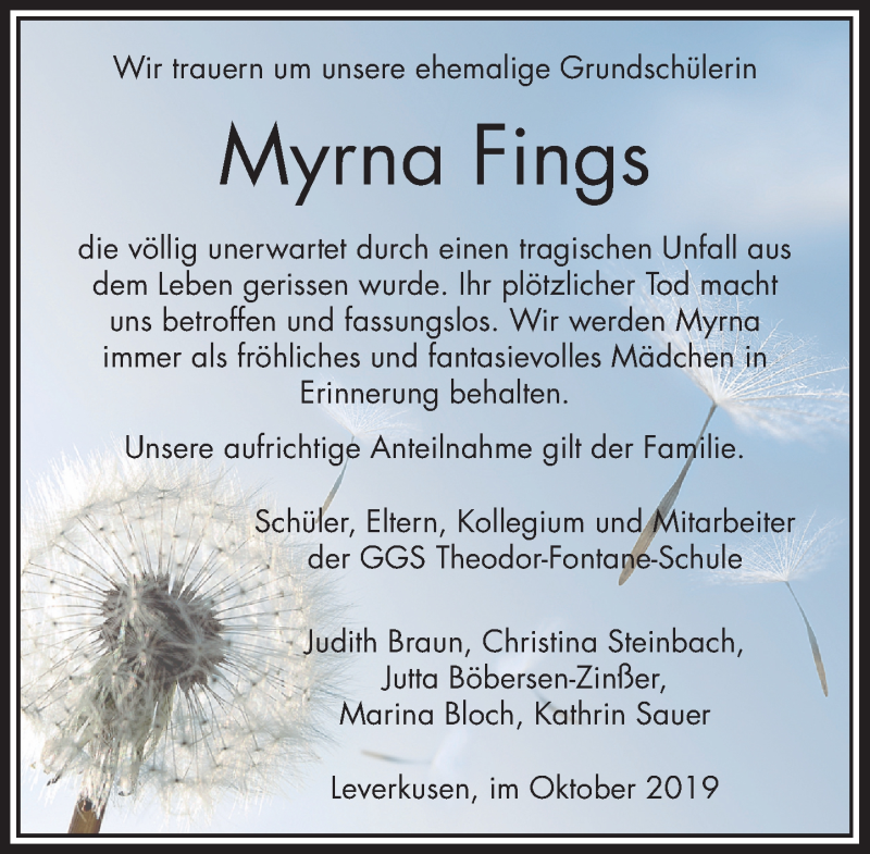 Traueranzeige für Myrna Fings vom 19.10.2019 aus Rheinische Post