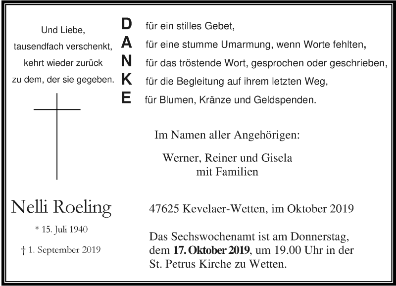  Traueranzeige für Nelli Roeling vom 12.10.2019 aus Rheinische Post