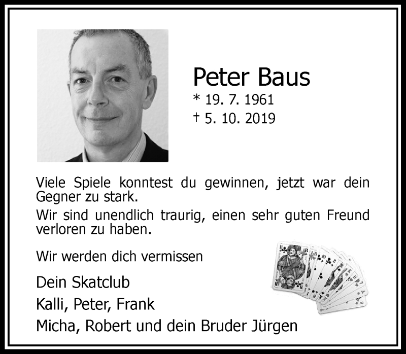  Traueranzeige für Peter Baus vom 12.10.2019 aus Rheinische Post