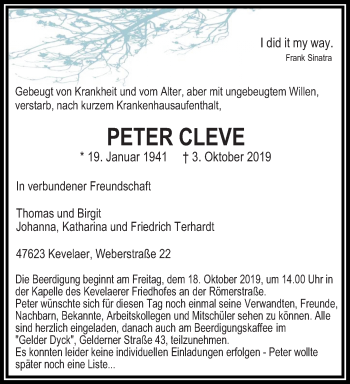 Traueranzeige von Peter Cleve von Rheinische Post