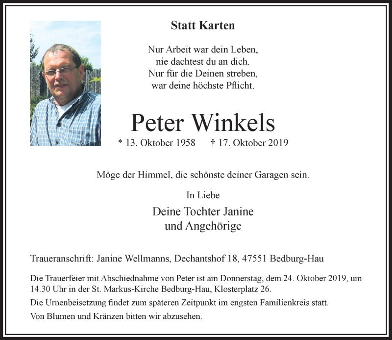 Traueranzeige für Peter Winkels vom 22.10.2019 aus Rheinische Post