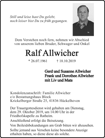 Traueranzeige von Ralf Allwicher von Rheinische Post