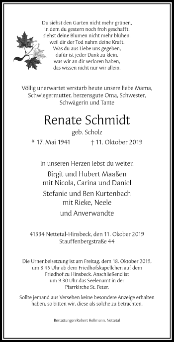 Traueranzeige von Renate Schmidt von Rheinische Post