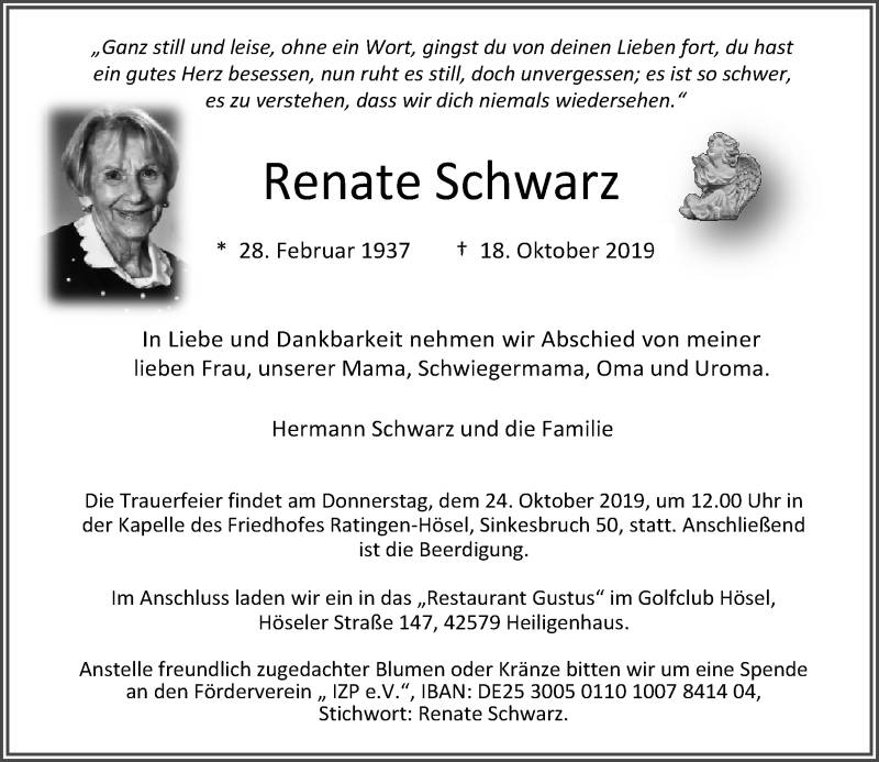  Traueranzeige für Renate Schwarz vom 23.10.2019 aus Rheinische Post