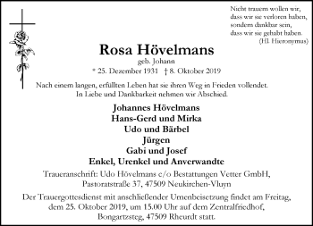 Traueranzeige von Rosa Hövelmans von Rheinische Post
