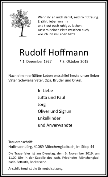 Traueranzeige von Rudolf Hoffmann von Rheinische Post