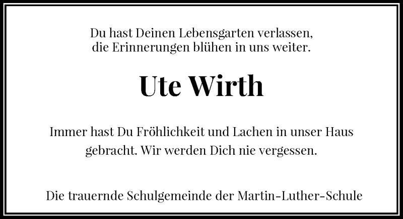  Traueranzeige für Ute Wirth vom 05.10.2019 aus Rheinische Post