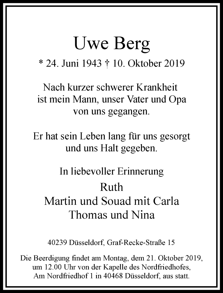  Traueranzeige für Uwe Berg vom 16.10.2019 aus Rheinische Post