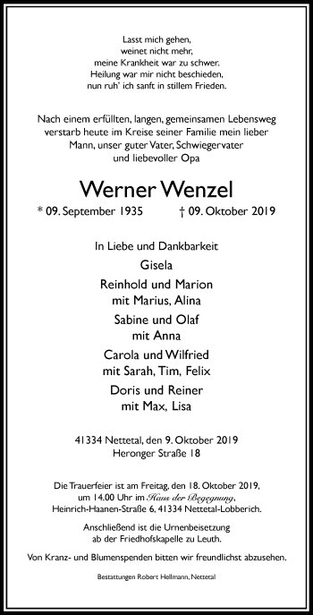 Traueranzeige von Werner Wenzel von Rheinische Post